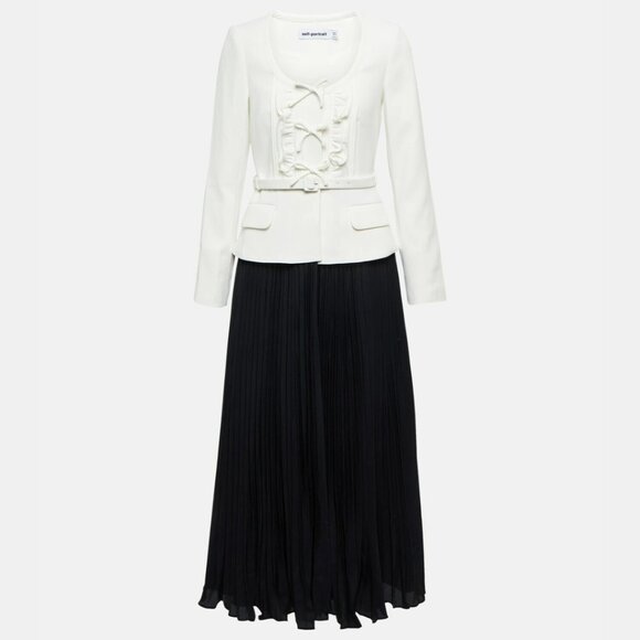 NWT Self-Portrait Crepe Midi Dress Bow Accent Jacket-inspired Pleated Skirt Sz 6 - Picture 2 of 9